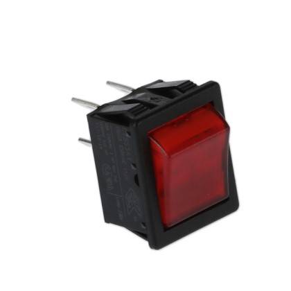 Ein roter rechteckiger Wippschalter mit Metallstiften zur elektrischen Verbindung, der vor einem weißen Hintergrund dargestellt wird.