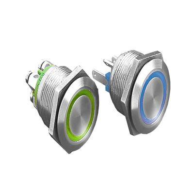 Zwei kreisförmige Metalldrucktasten mit LED-Ringen, eine grün und eine blau. Jede Taste hat einen Gewindeschaft und sichtbare Anschlüsse an der Rückseite.