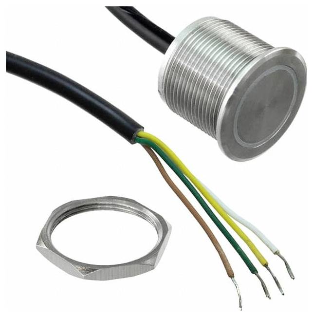 Ein zylindrischer metallischer Sensor mit einem schwarzen Kabel und mehrfarbigen Leitungen. Eine separate sechseckige Mutter wird daneben gezeigt.