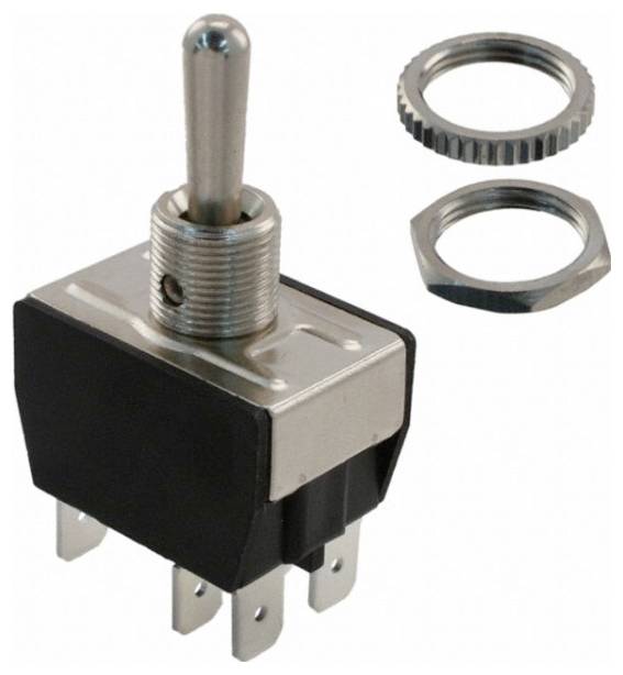 Ein Metall-Kippschalter mit sechs Anschlüssen, einer Gewindewelle und zugehörigem Zubehör, der für elektrische Schaltkreise verwendet wird.