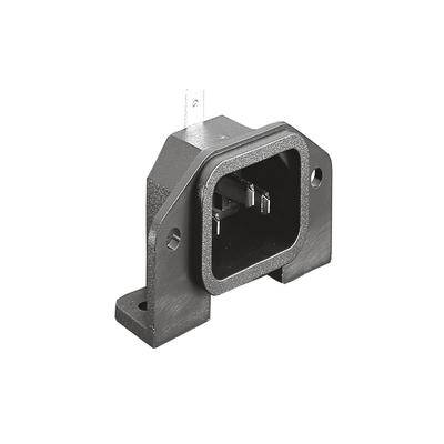 Eine schwarze elektrische Komponente mit einer rechteckigen Öffnung und zwei Metallzinken im Inneren, montiert auf einer flachen Basis mit Schraublöchern.