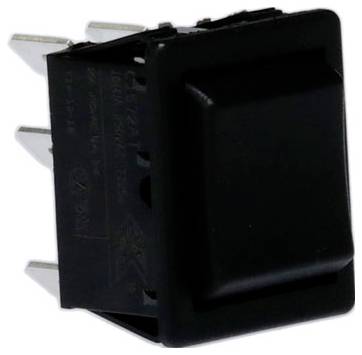 Ein schwarzer rechteckiger Wippschalter mit Metallzungen, der typischerweise in elektronischen Geräten verwendet wird, um einen Stromkreis zu öffnen oder zu schließen.