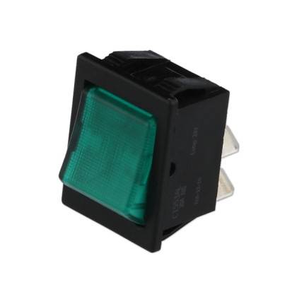 Ein schwarzer rechteckiger Schalter mit einem grünen Knopf, entwickelt für elektronische Geräte mit sichtbaren Stiften zur Verbindung.