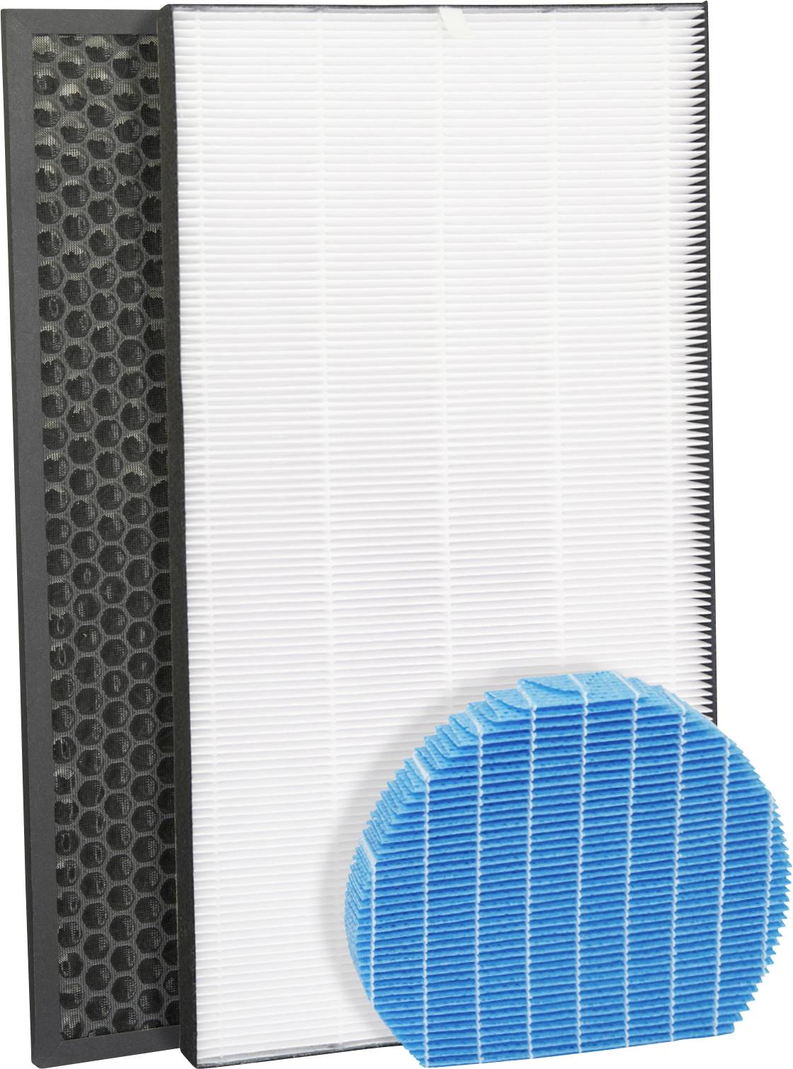 Ein Verbundbildnis eines weißen gefalteten Luftfilters mit schwarzer Maschenseite und einem runden, blauen Filter im Vordergrund, der Luftfiltrationskomponenten veranschaulicht.