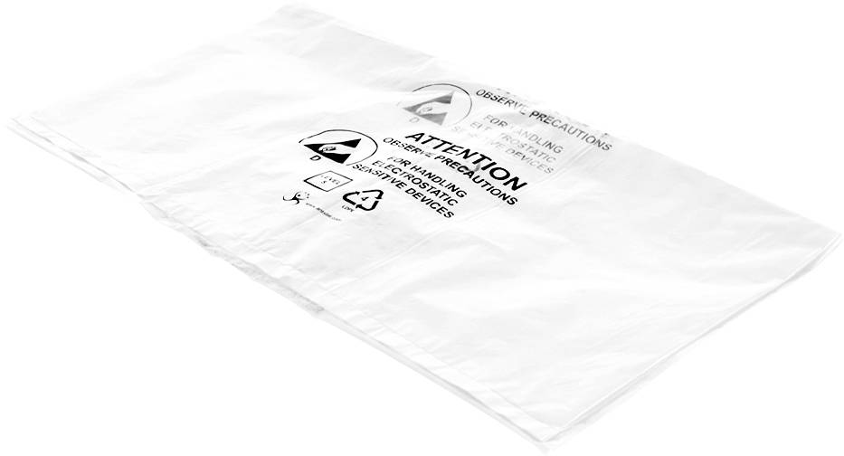 Plastiktüte mit gedruckter Warntext und Symbolen, die davor warnen, die Tüte von Babys und Kindern fernzuhalten, um das Risiko des Erstickens zu vermeiden.