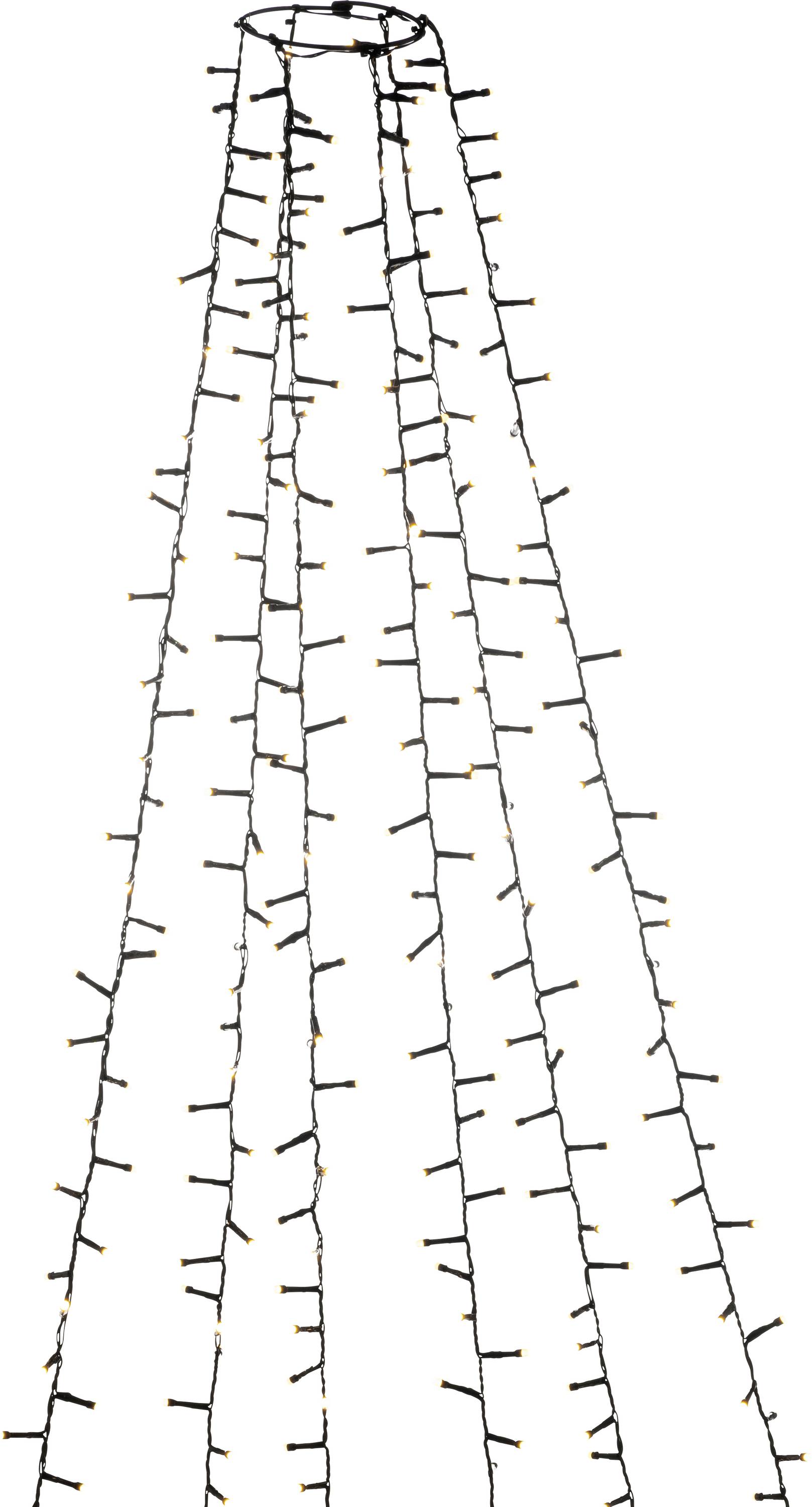 Lichterketten, die in einer kegelförmigen Anordnung herabhängen und einen Weihnachtsbaum nachahmen.