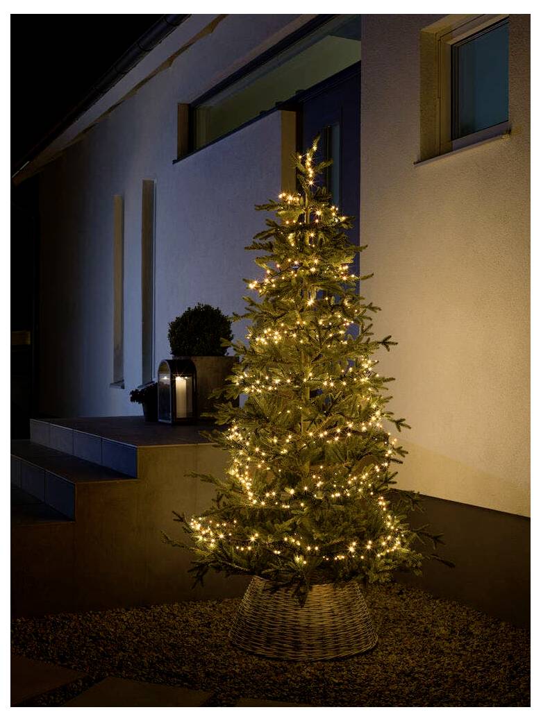 Weihnachtsbaum mit warmweißen Lichtern in einem Korb, der nachts vor einem Haus steht, neben einer Laterne auf den Stufen, und eine festliche Atmosphäre schafft.
