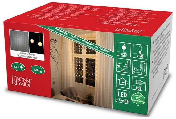 Rot-weiße Verpackung für Konst Smide Bernstein-LED-Vorhanglicht. Enthält Details wie 120 LEDs, für Innenbereich, USB-betrieben, Größe 3m x 1,35m.