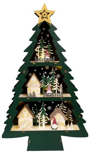 Ein dekorativer Weihnachtsbaum aus Holz mit Miniaturhäusern, Schneemännern und Bäumen, die mit LED-Lichtern geschmückt sind, und gekrönt von einem Stern, der eine festliche Szene erschafft.