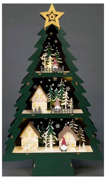 Holz-Weihnachtsbaum mit Stern als Dekoration, mit kleinen Häusern, Bäumen, Schneeflocken und Wichtelfiguren auf mehreren gestaffelten Ebenen.