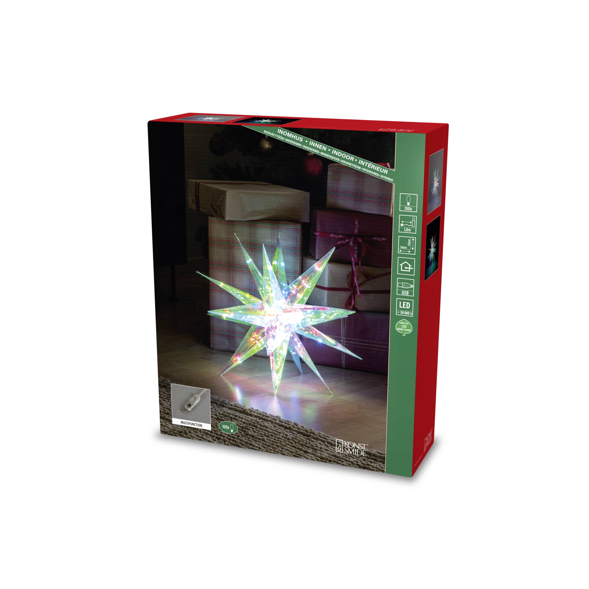 Ein reflektierender Sternen-Baumspitzen-Aufsatz in einer Schachtel mit mehrfarbigen Lichtern, aufgestellt auf einem Holzboden neben eingepackten Geschenken.