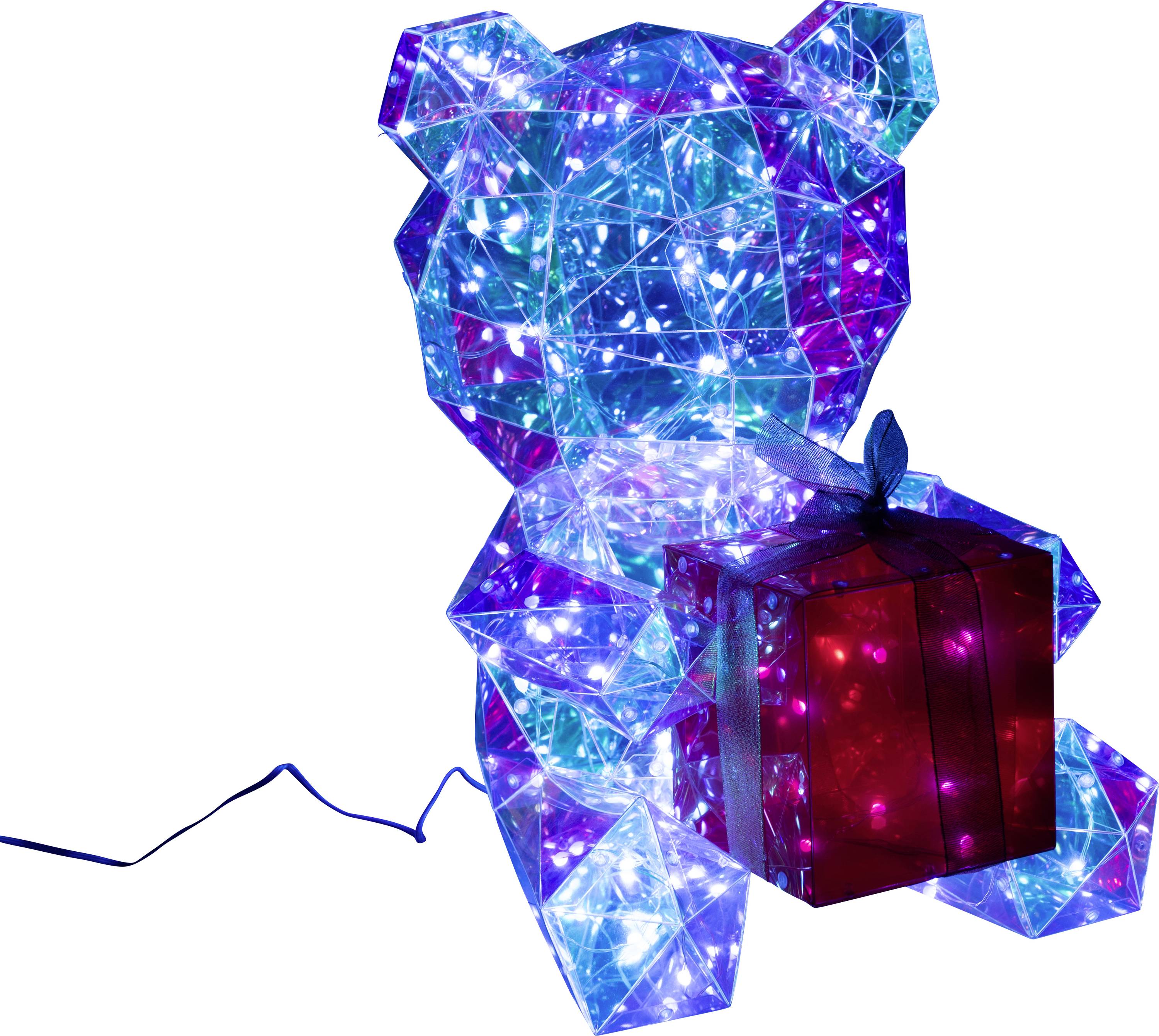 Eine geometrische Bärenfigur aus mehrfarbigen Lichtern hält eine leuchtend rote Geschenkbox, die mit einem blauen Stromkabel verbunden ist.