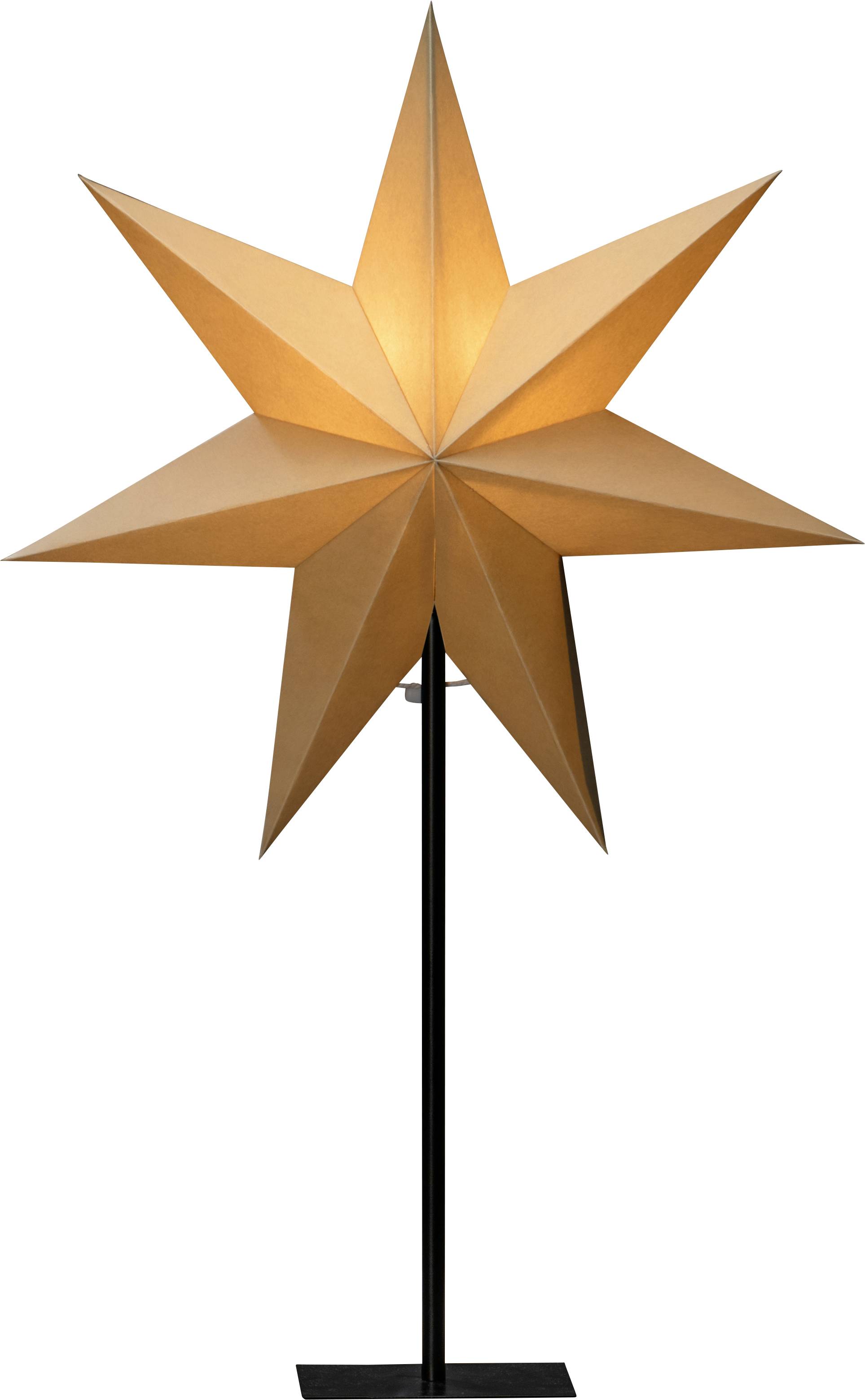 Eine sternförmige Papierlampe auf einem Ständer, die mit warmem Licht leuchtet und für die Dekoration oder Ambientebeleuchtung in Innenräumen konzipiert ist.