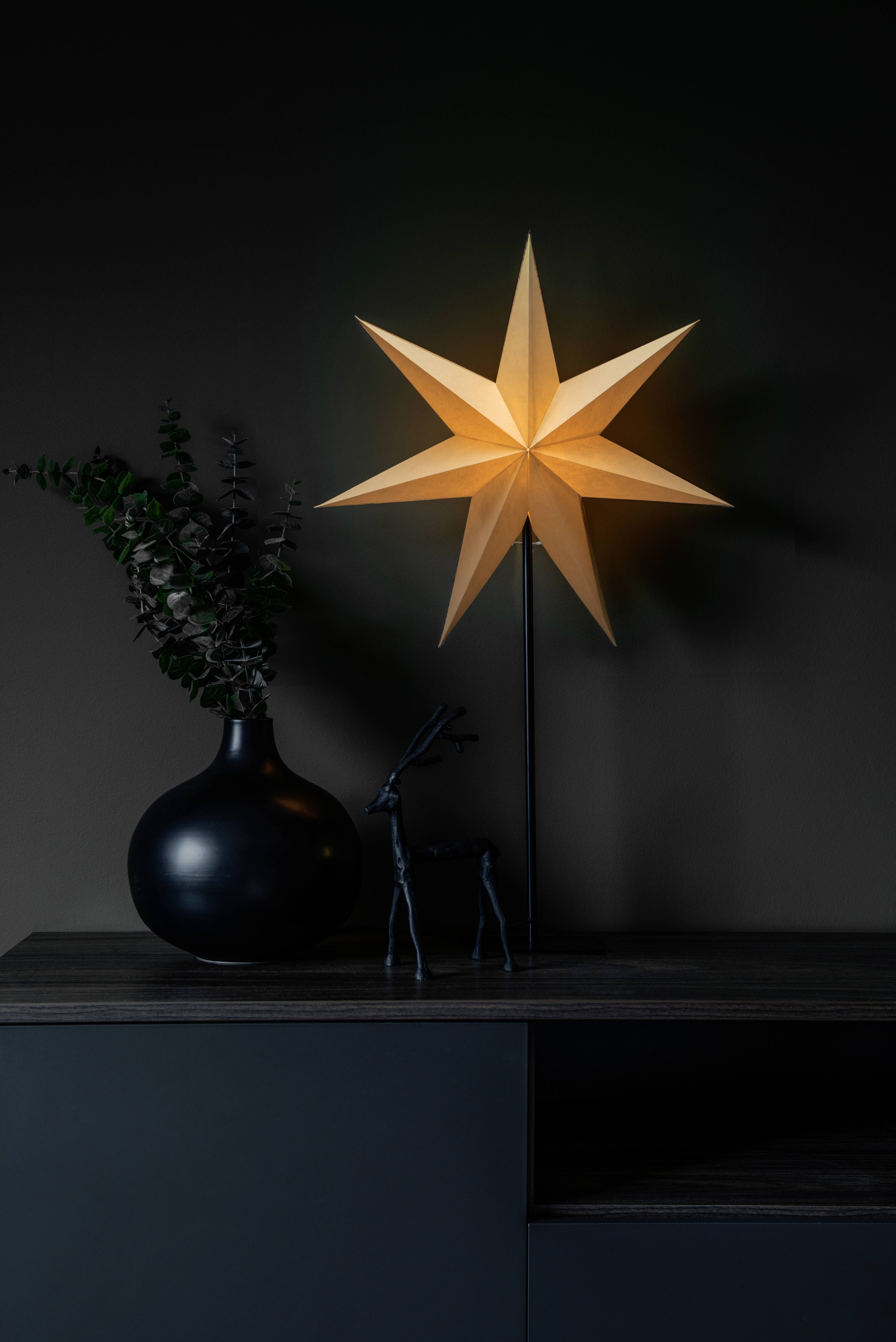 Eine warm beleuchtete sternenförmige Lampe auf einem dunklen Holzregal, neben einer schwarzen Vase mit Grünpflanzen und einer kleinen Hirschfigur, die eine gemütliche Atmosphäre schafft.