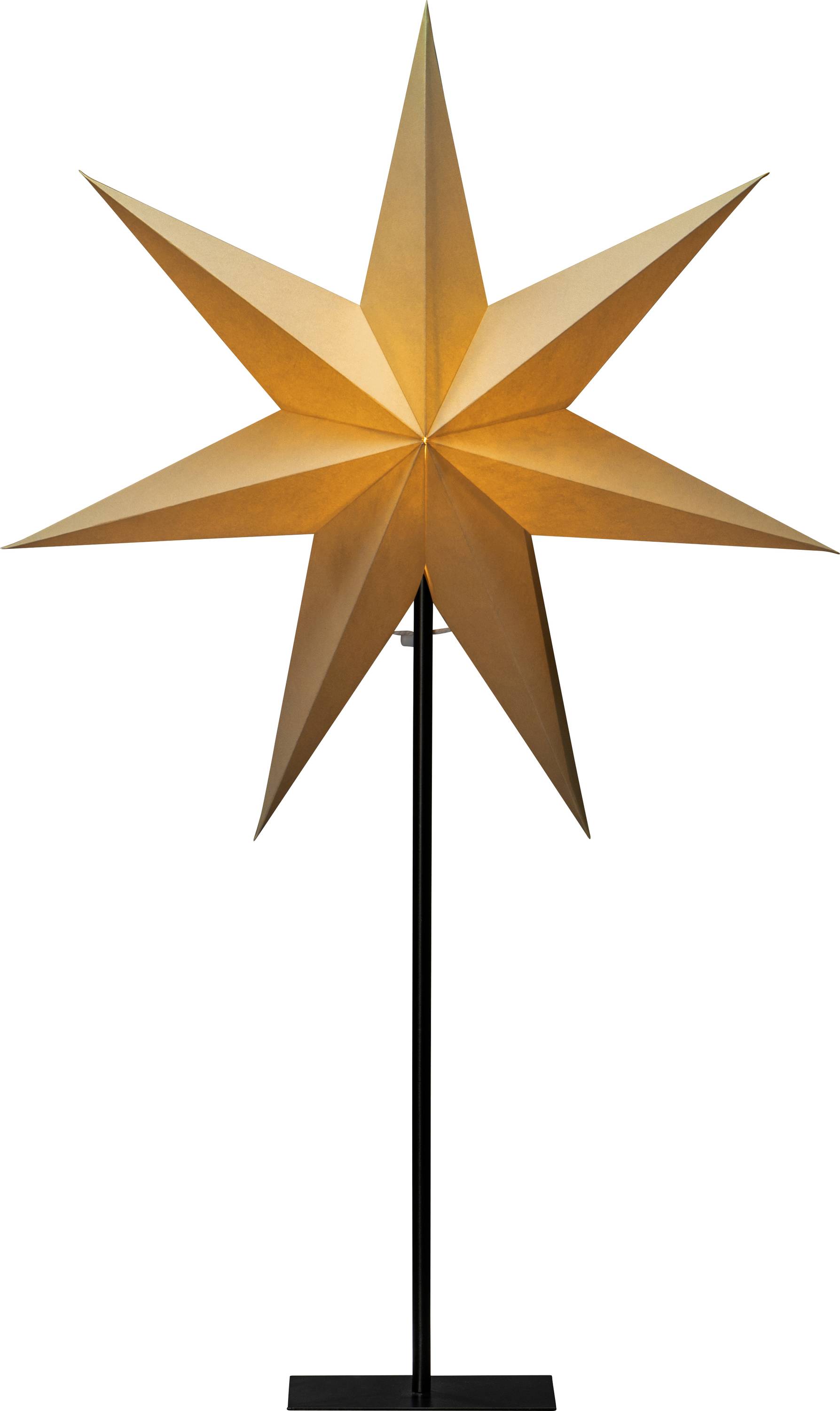 Eine sternförmige Lampe mit acht spitzen Zacken strahlt ein warmes, orangefarbenes Licht aus und ist auf einem schlanken schwarzen Ständer montiert.