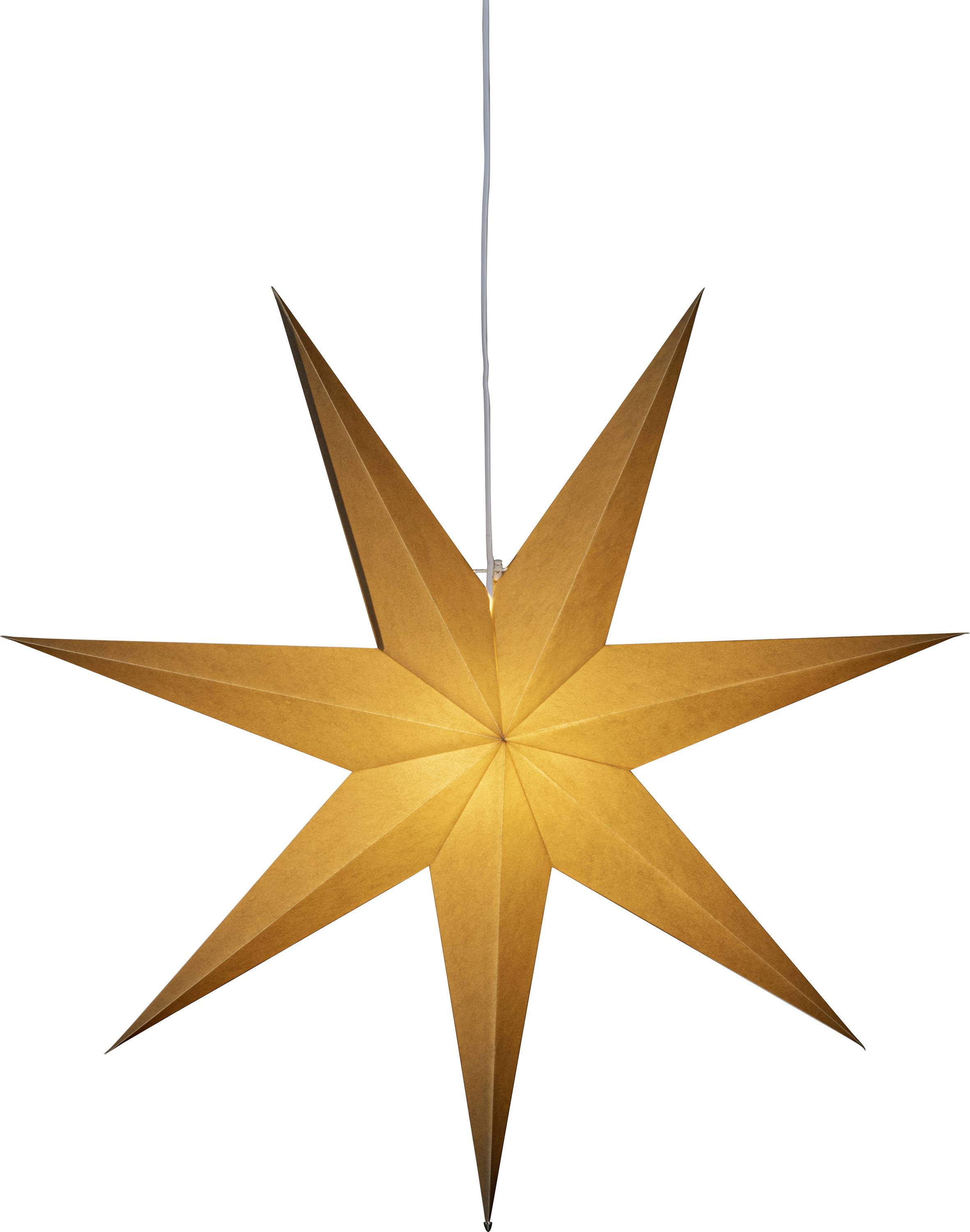 Siebenspitziger, sternenförmiger Papierlampion mit warmem, glühendem Licht, der an einem dünnen Draht hängt.