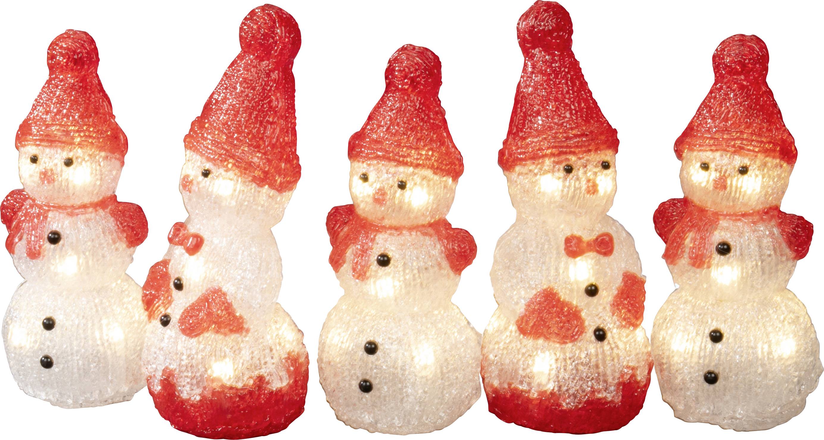 Fünf Schneemännerfiguren mit leuchtenden Lichtern im Inneren, die rote Hüte und Schals tragen, in einer Reihe angeordnet.