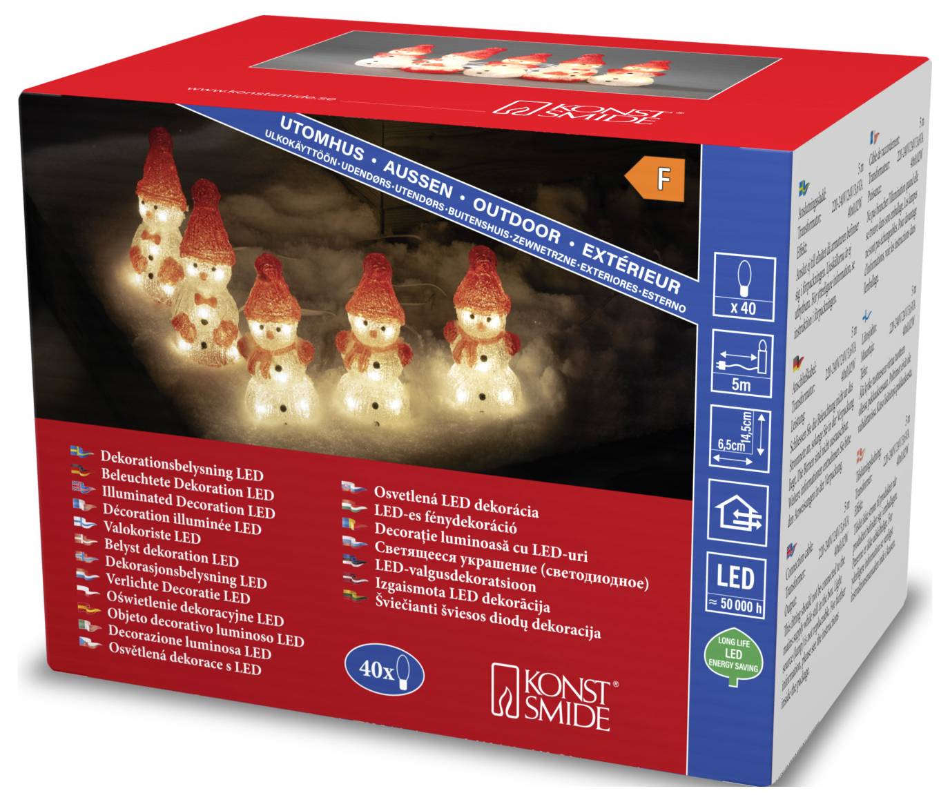 'Konst Smide' Outdoor-LED-Schneemann-Dekoration, Karton mit sechs beleuchteten Schneemännern in roten Mützen. Enthält 40 Lichter, Energieeffizienzklasse F.