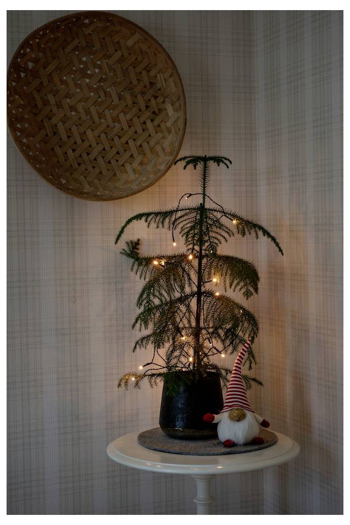 Ein kleiner, in einem Topf gezogener Nadelbaum mit Lichterkette steht auf einem weißen Tisch neben einer niedlichen Gartenzwergfigur, unter einem geflochtenen Korb.