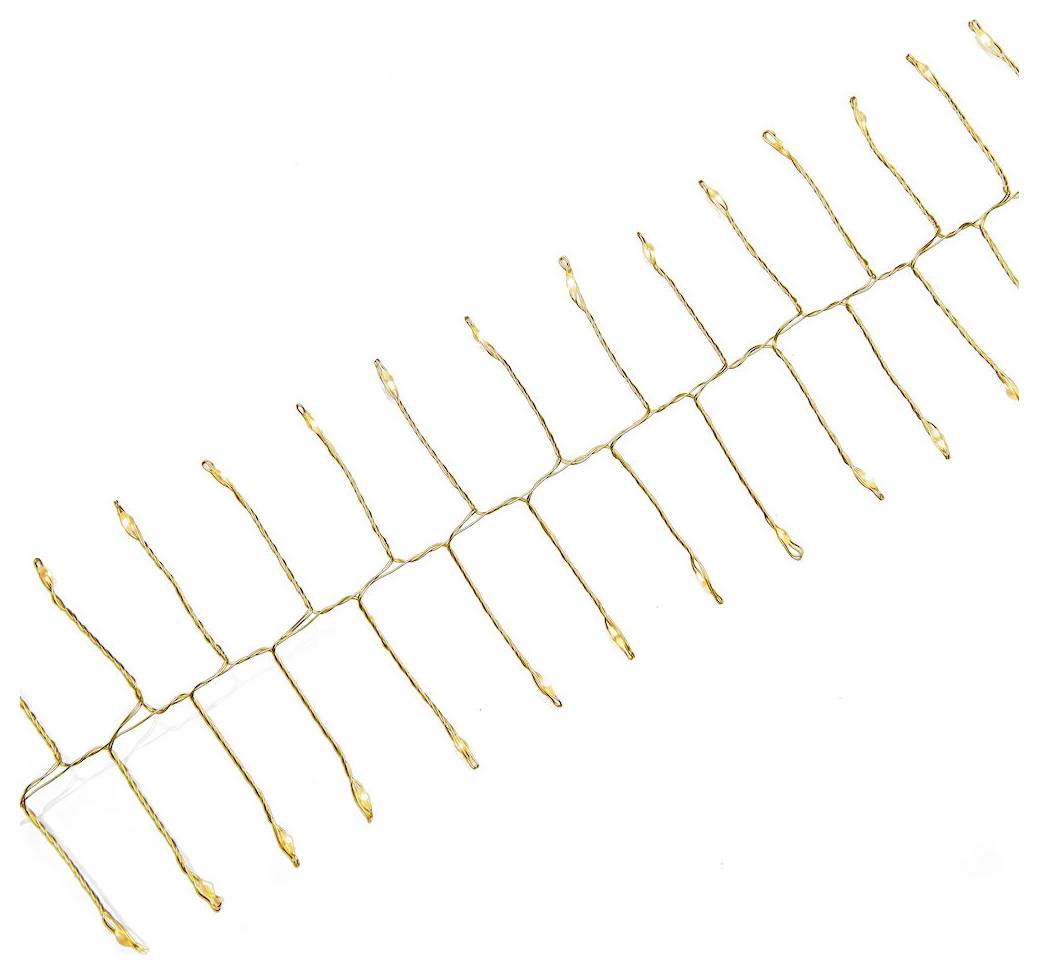 Nahaufnahme einer goldenen Draht-LED-Lichterkette mit kleinen, gleichmäßig entlang des Drahtes angeordneten Glühbirnen vor einem weißen Hintergrund.