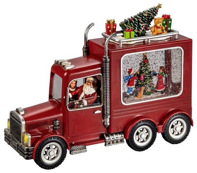 Ein dekorativer roter Lastwagen mit einer Weihnachtsmann-Figur am Steuer und einer Schneekugel auf der Ladefläche, die einen Weihnachtsbaum und Geschenke zeigt.