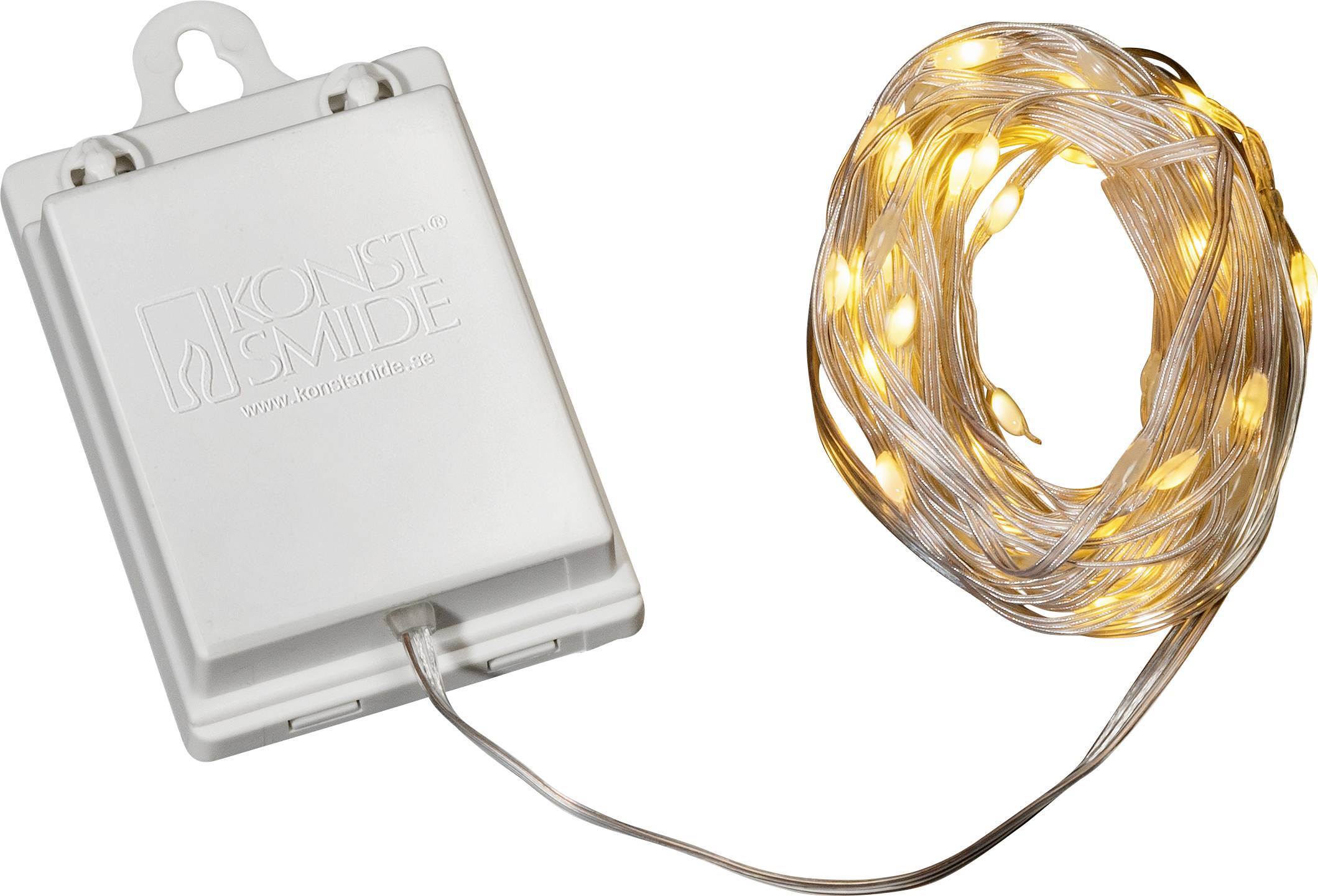 Ein Akku mit einem Logo und einer Kupferdraht-Lichterkette, geschmückt mit warmweißen LED-Lichterpunkten.