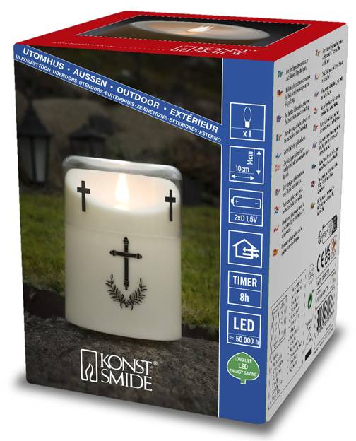 Das Bild zeigt die Verpackung einer Konstsmide LED-Kerze, die für den Außeneinsatz mit einem Kreuz-Motiv konzipiert ist. Sie verfügt über eine Timer-Funktion.