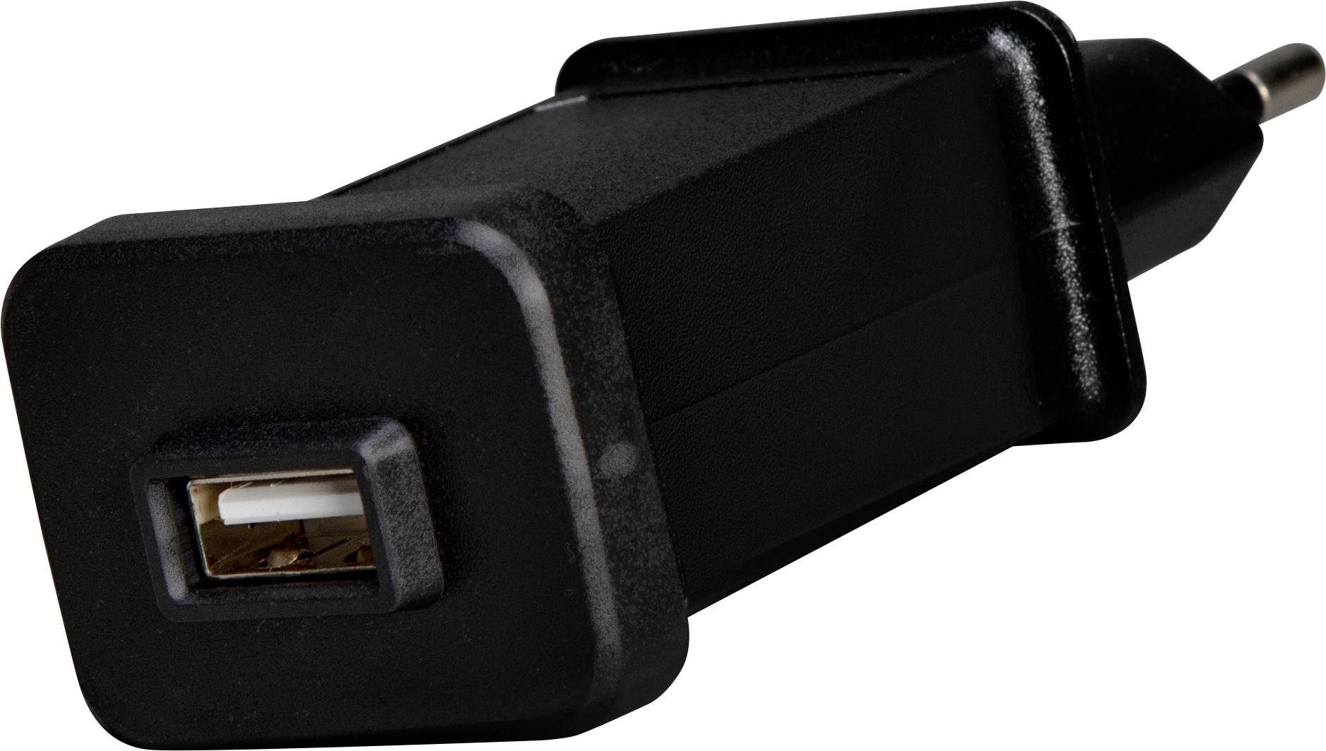 Ein schwarzer USB-Wandladegerät-Adapter mit einem USB-Anschluss auf der einen Seite und einem Zwei-Pin-Stecker auf der anderen Seite, der zum Aufladen elektronischer Geräte verwendet wird.