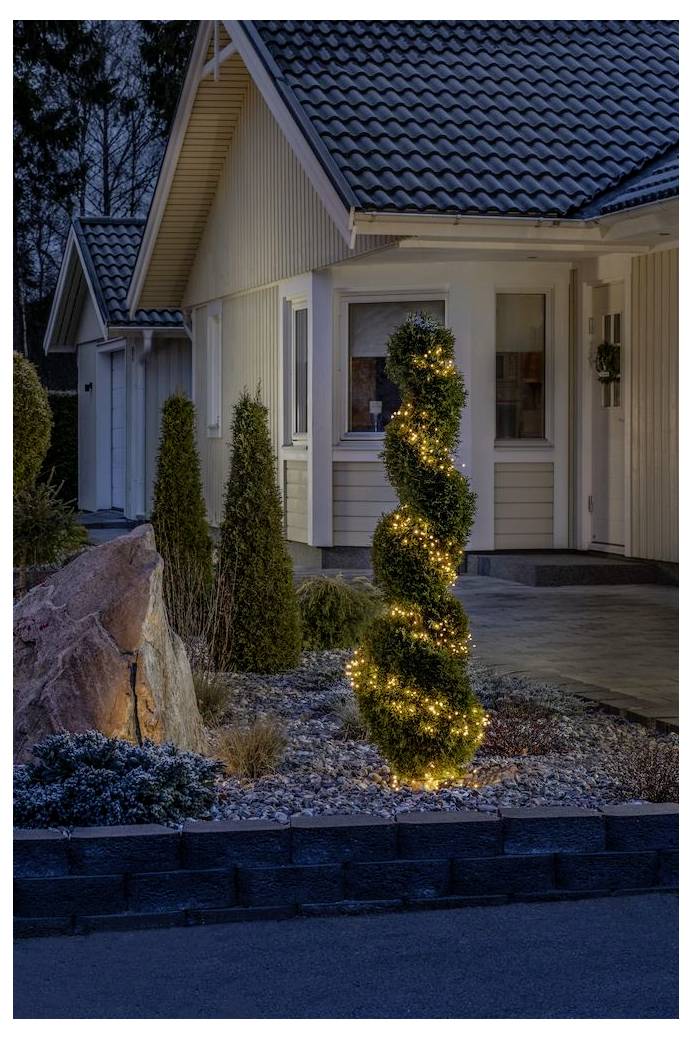 Ein Buchsbaum-Spiralbaum mit leuchtenden Lichtern steht nachts beleuchtet vor einem Haus und verleiht dem Garten dekorative Anmut.