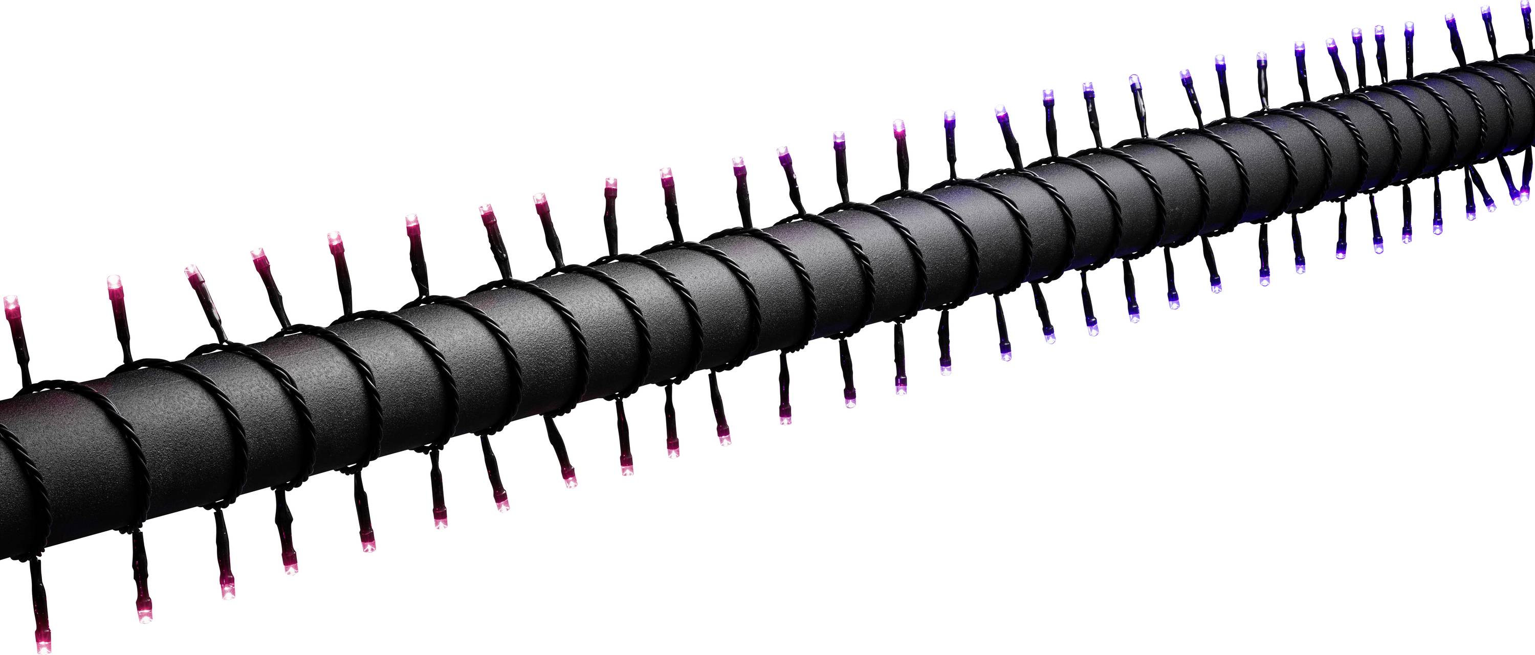 Ein schwarzes zylindrisches Objekt mit gleichmäßig angeordneten, farbenfrohen leuchtenden Spitzen, die rechtwinklig abstehen und einem abstrakten futuristischen Design ähneln.