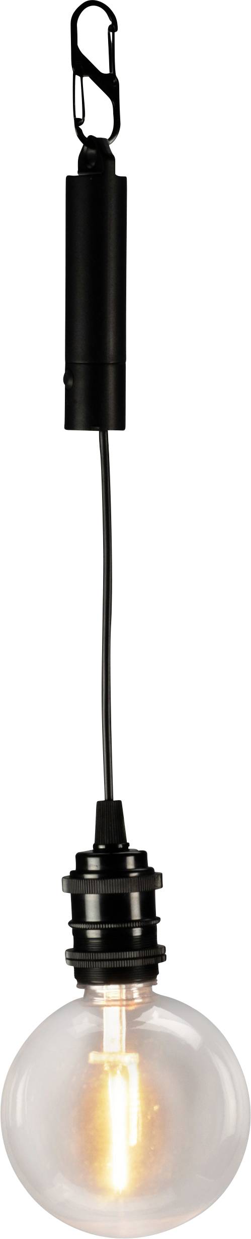 Eine hängende Glühbirne mit einem schwarzen Kabel und Clip, beleuchtet und mit warmem Licht scheinend, die ein modernes, minimalistisches Design präsentiert.