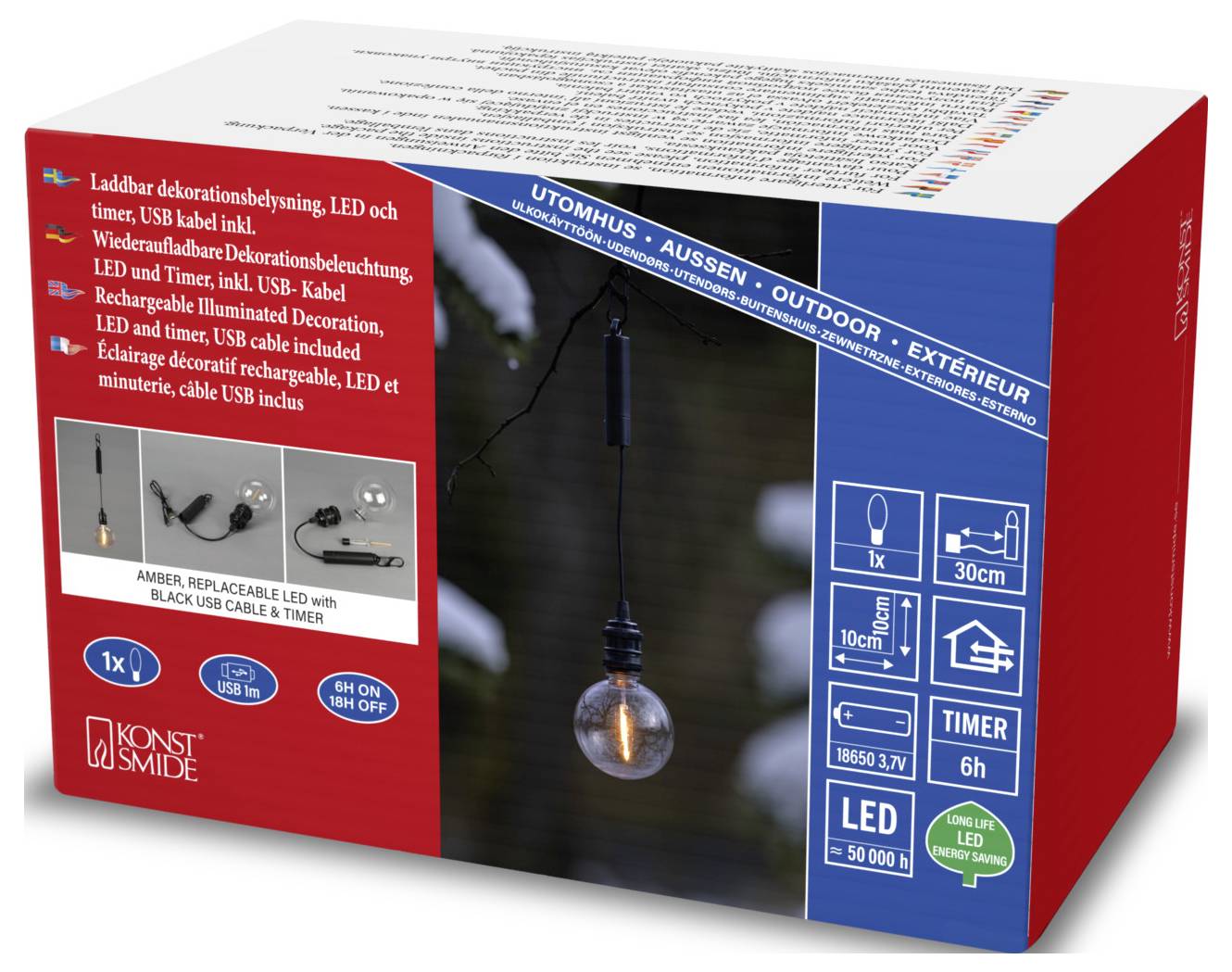 'Konst Smide' Outdoor-LED-Dekorationsbeleuchtung mit USB-Ladung, Timer-Funktion, schwarzem Kabel und bernsteinfarbener Glühbirne, 6-Stunden-Timer.