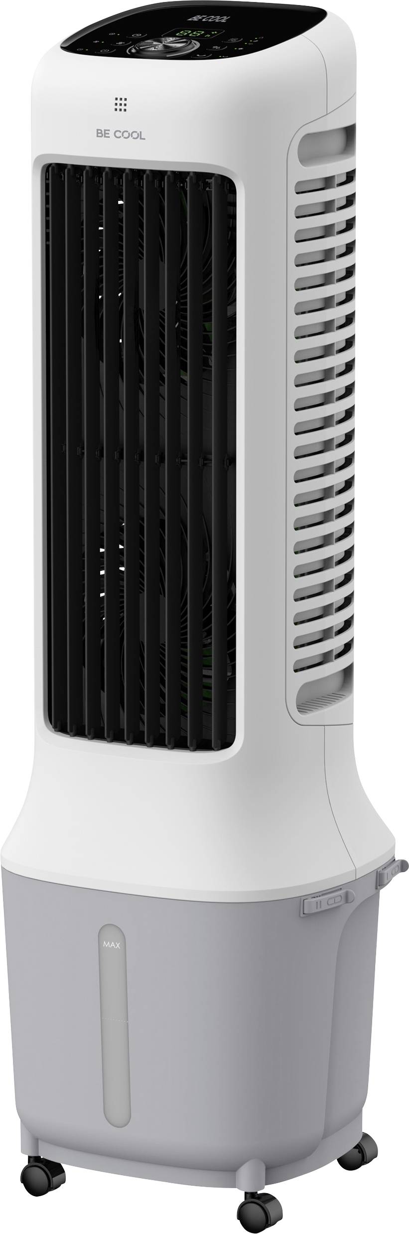 Luftkühler mit schlankem vertikalen Design, schwarzem Frontgitter, weißem Gehäuse und Rädern für Mobilität. Mit Bedienfeld auf der Oberseite.