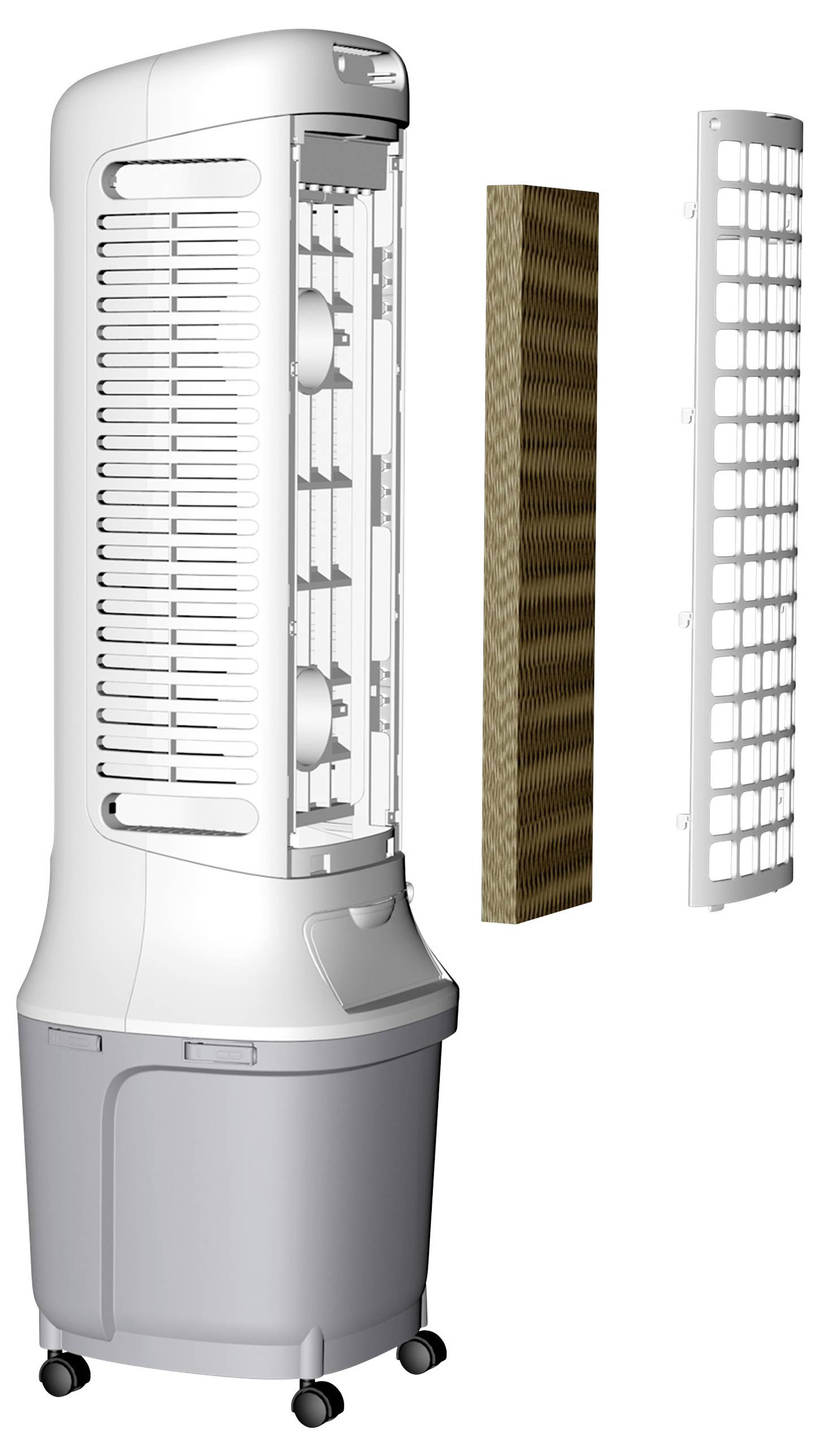Luftkühlgerät-Modell mit Teilen: Großes Hauptgerät auf Rädern mit Lüftungsgitter, abnehmbarer Filter und Schutzabdeckung separat angeordnet.