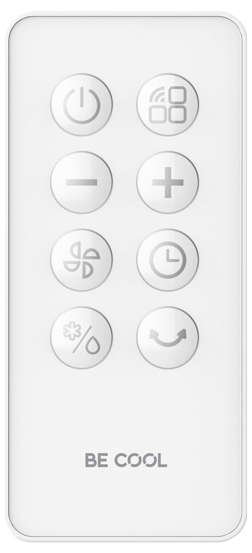 Fernbedienung mit acht Tasten für Stromversorgung, Einstellungen, Lüftergeschwindigkeit, Timer und Modi. Text unten lautet „BE COOL