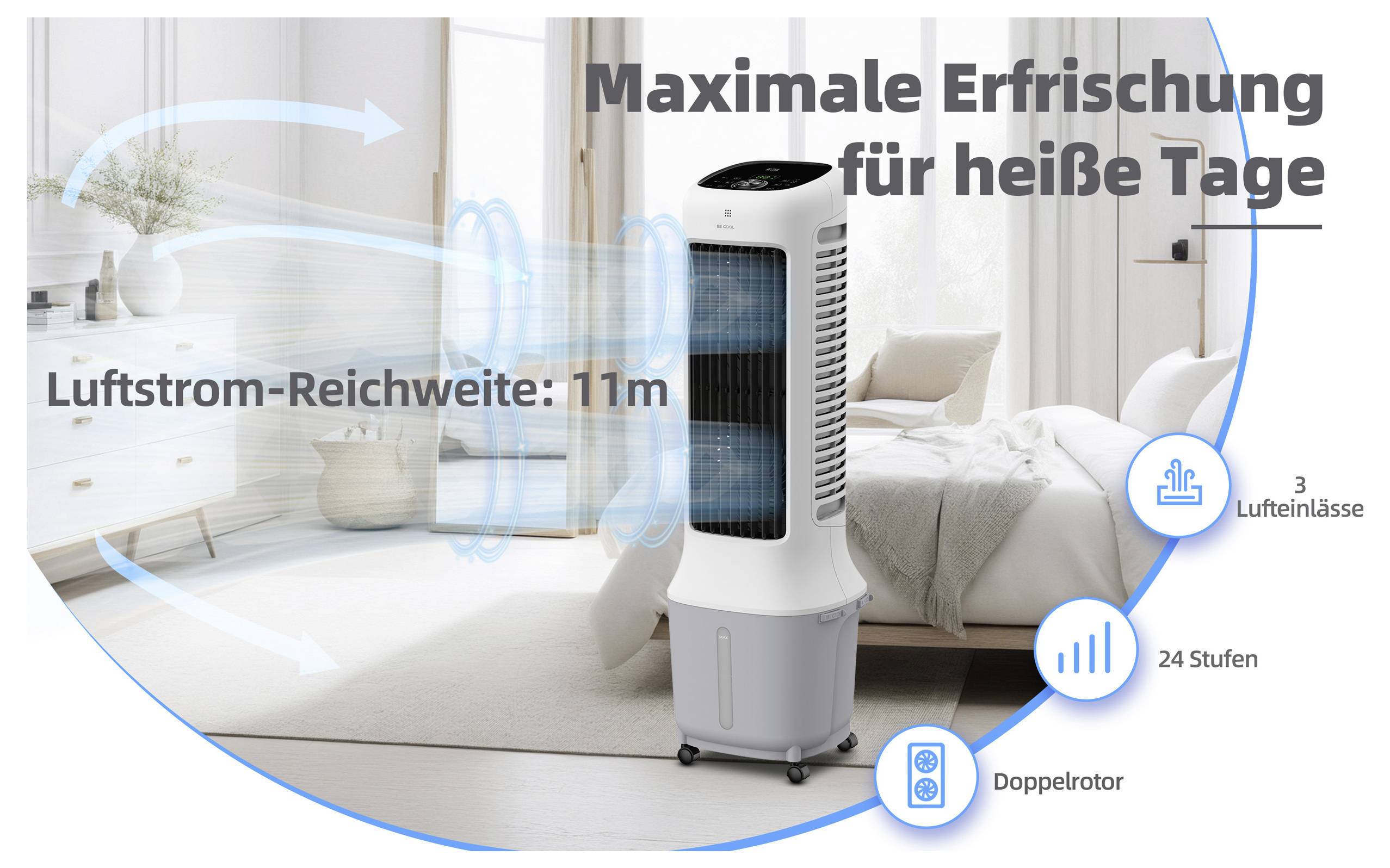 „Tragbarer Luftkühler in einer Schlafzimmereinstellung, der eine Luftströmung von 11 m zeigt. Merkmale: 3 Lufteinlässe, 24 Stufen und doppelte Rotoren. Der Text lautet: Maximale Erfrischung für heiße Tage.