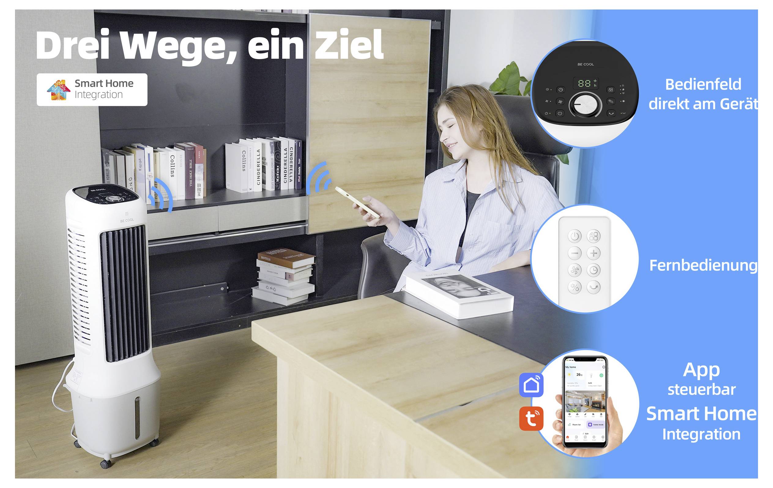 Eine Frau nutzt eine Smartphone-App, um eine intelligente Hausklimaanlage zu steuern. Einfügungen zeigen ein Bedienfeld, eine Fernbedienung und App-Integrationssymbole.