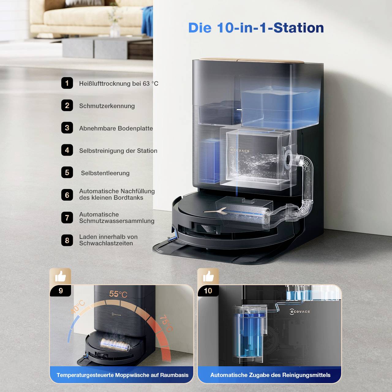 'Die 10-in-1-Station' zeigt eine Reinigungsstation mit Hochtemperaturdampf, automatischer Reinigungsmitteldosierung und Trocknungsfunktion. Diagramme verdeutlichen Temperaturkontrolle und automatische Dosierung.
