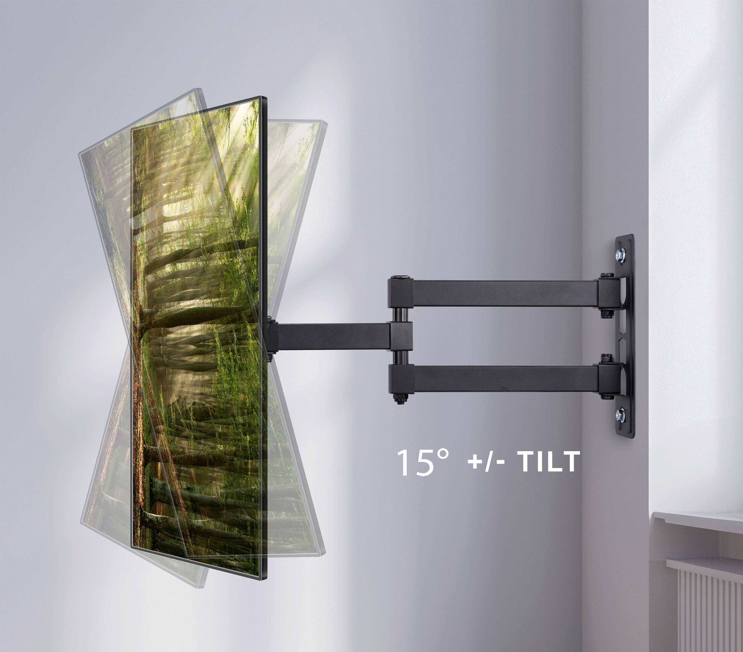 Wandmontierte TV-Halterung mit verstellbaren Winkeln, wobei der Bildschirm in verschiedenen Richtungen um 15° geneigt ist.