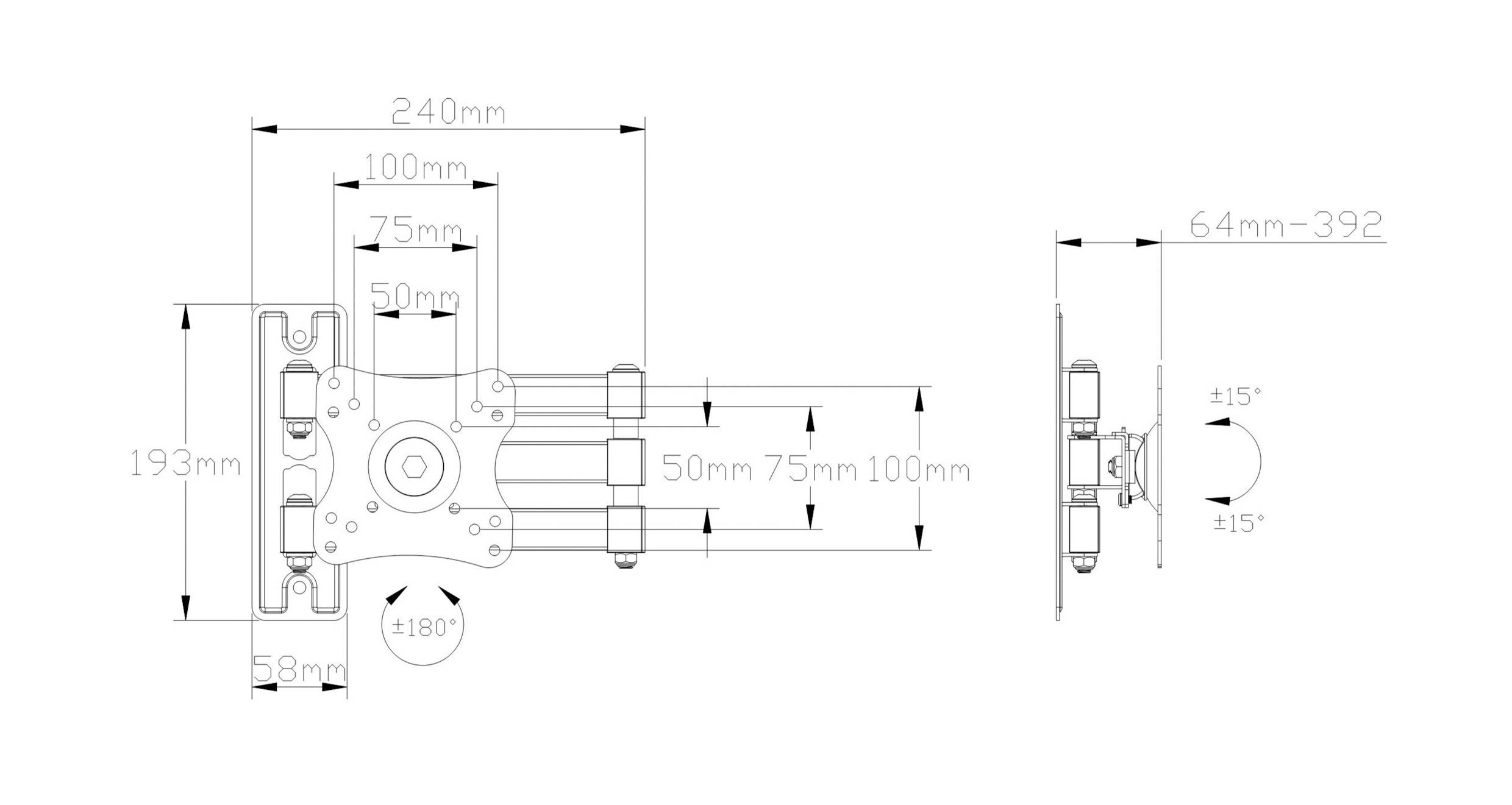 Technische Zeichnung einer verstellbaren Wandhalterung, Abmessungen von 58 mm bis 392 mm, Neigungswinkel von ±15°, Schwenkbereich von ±180°.