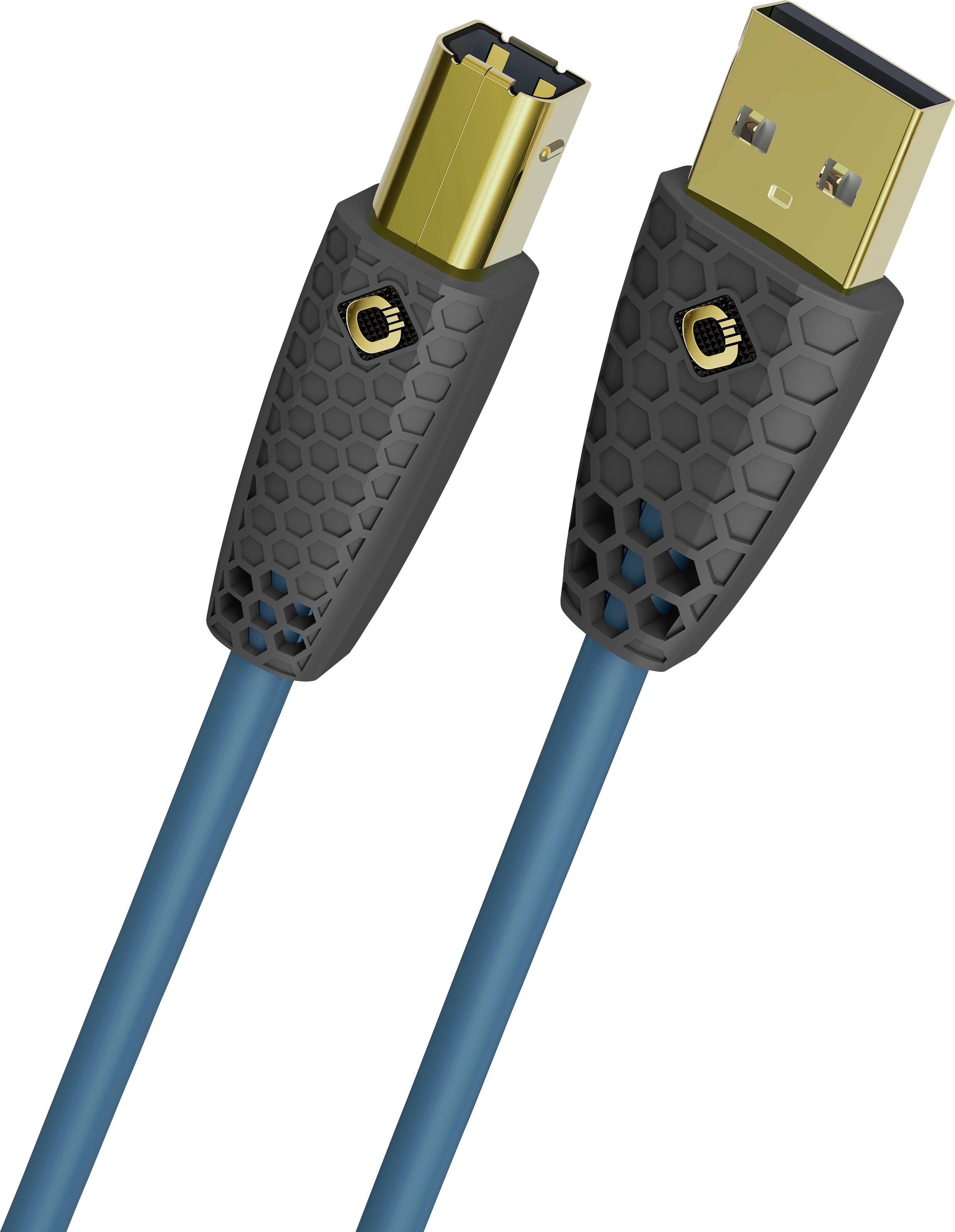 Ein blauer USB-Kabel mit einem sechseckigen Muster auf dem Anschlussgehäuse; ein Ende ist USB-A und das andere ein quadratförmiger Metallstecker.