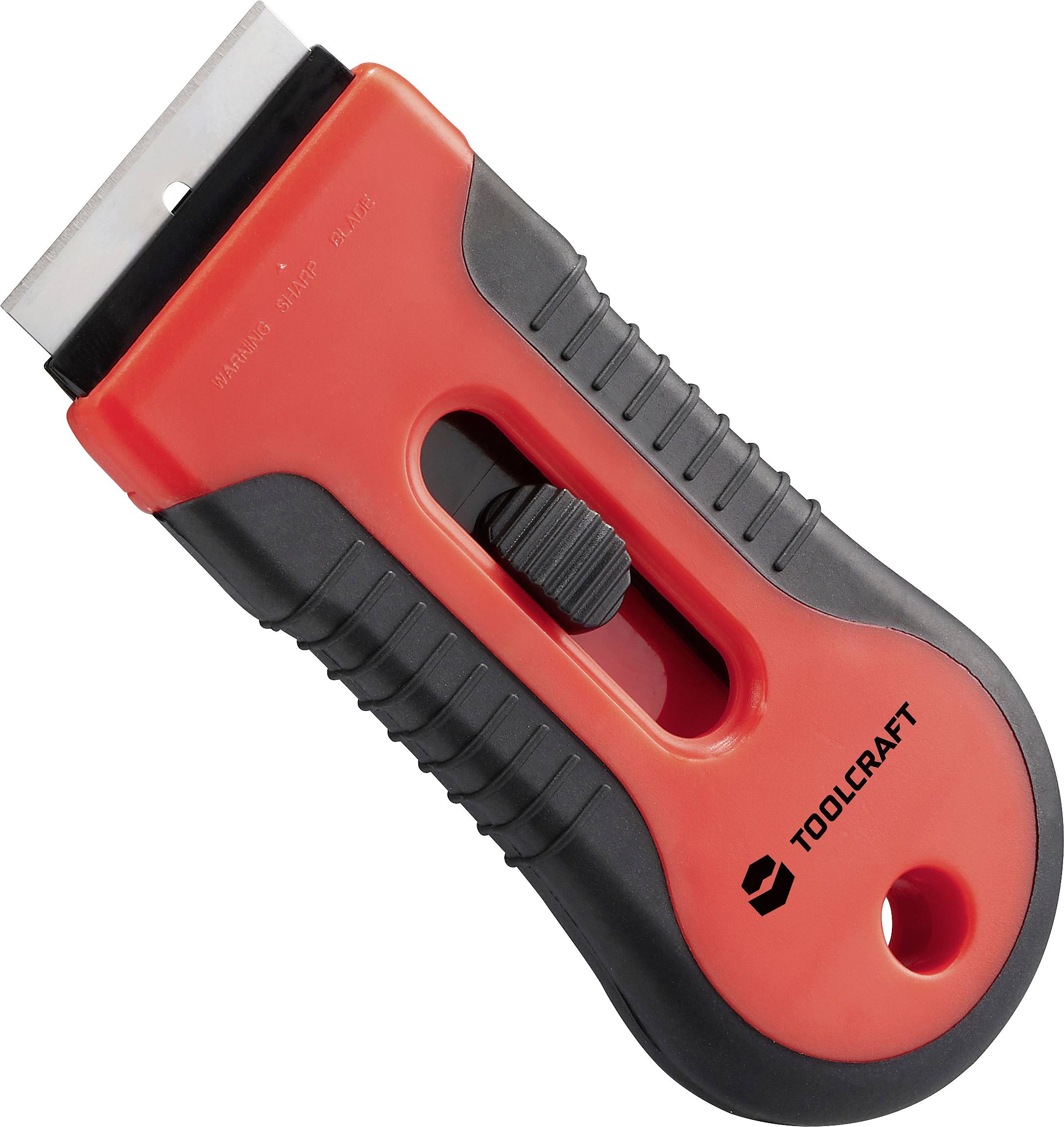 Ein rot-schwarzes Werkzeug mit einziehbarer Klinge und ergonomischem Griff. Die Marke „TOOLCRAFT