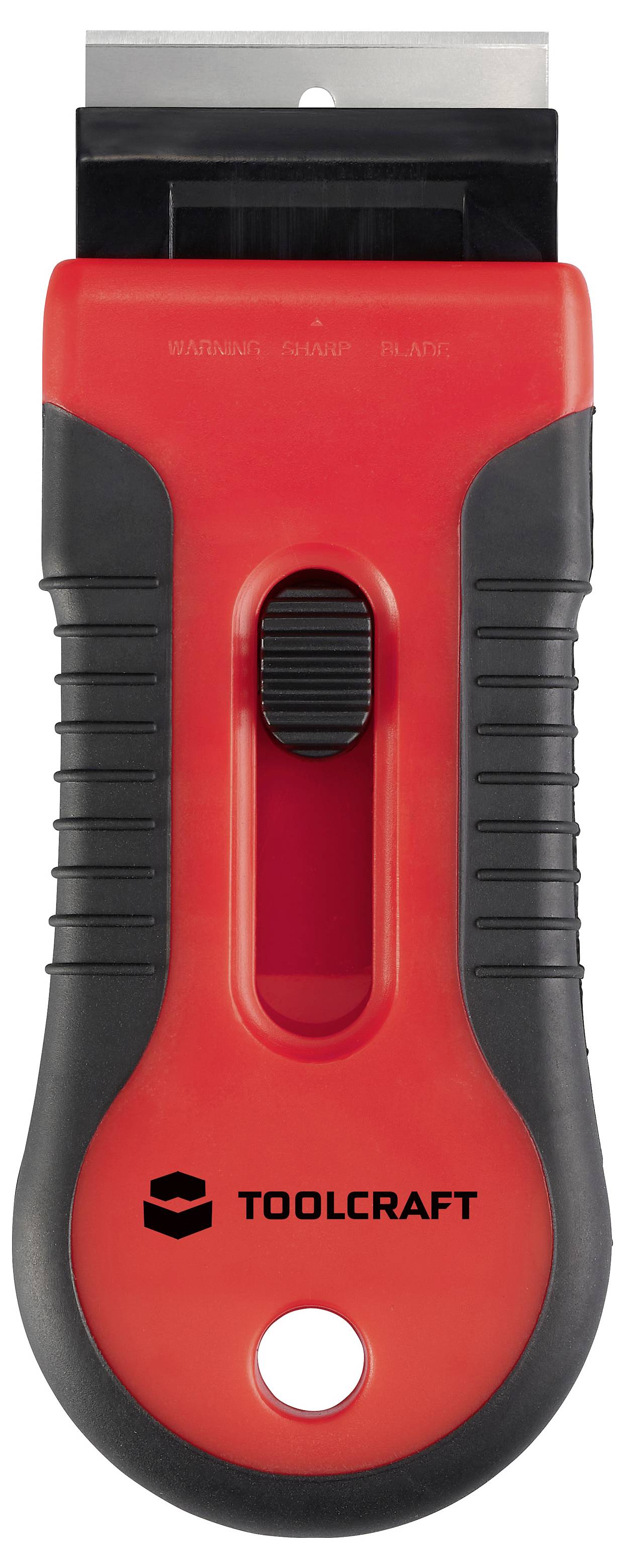 Rotkehlchen und schwarz gefärbtes Schabewerkzeug der Marke 'TOOLCRAFT' mit ausziehbarer Klinge und ergonomischem Griff.