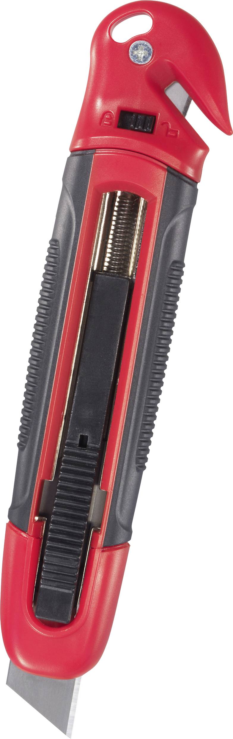 Ein rot-schwarzes Universalmesser mit einziehbarer Klinge und Sicherheitsverriegelungsmechanismus.