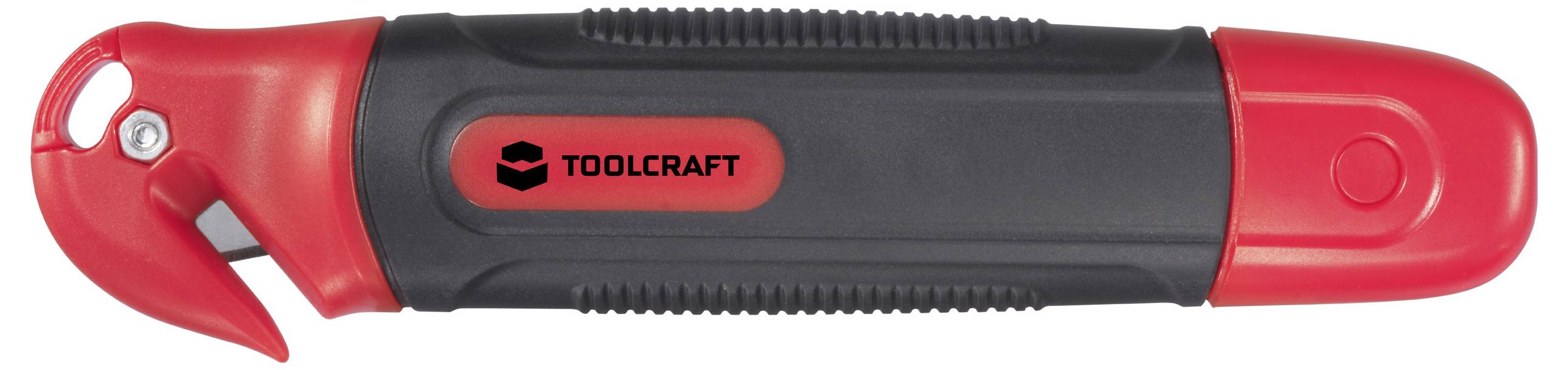 Ein schwarz-rotes Universalmesser mit einem Sicherheitsschneider und einem Loch zum Aufhängen. Der Markenname „Toolcraft