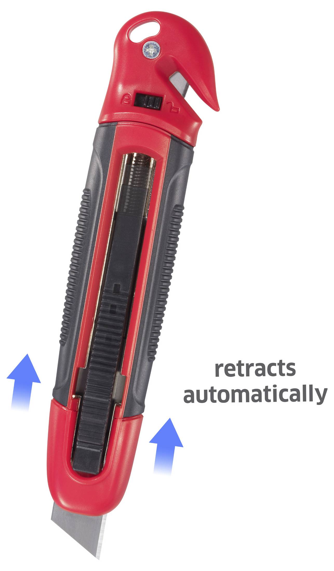 Ein rotes Universalmesser mit schwarzem Griff, das eine freiliegende Klinge aufweist, die sich 