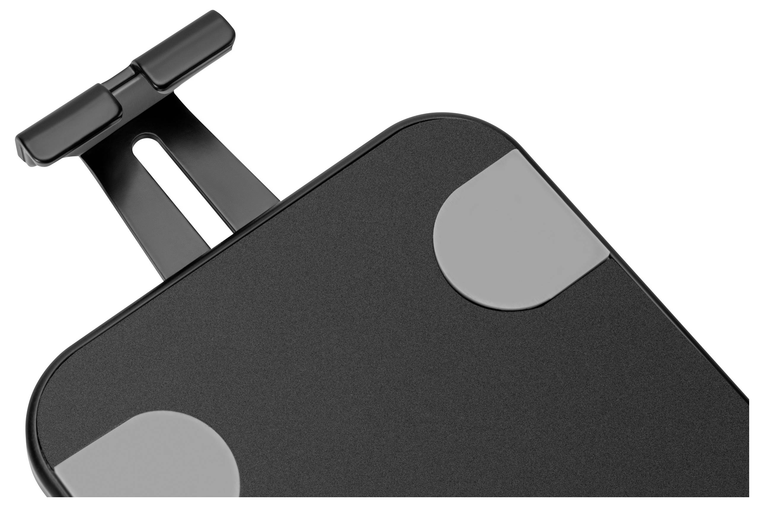 Eine verstellbare schwarze Monitorhalterung mit einem Scharnier und zwei grauen Auflagepads zur Stabilisierung, konzipiert zum Anbringen an einem Schreibtisch oder einer ebenen Oberfläche.