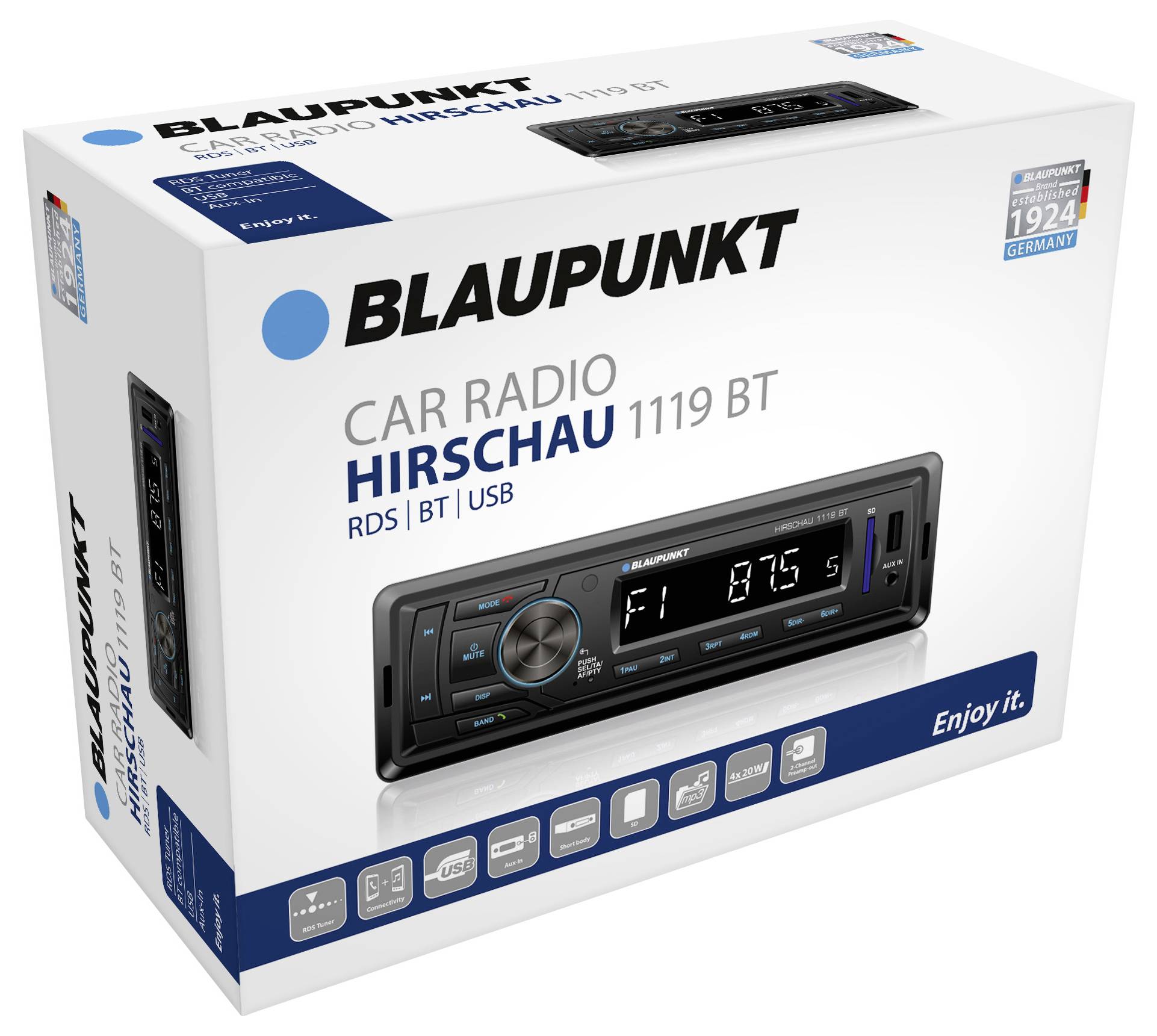 Verpackung des Blaupunkt Car Radio Hirschau 1119 BT zeigt Funktionen wie RDS, Bluetooth, USB. Bild des Radios mit Display auf der Vorderseite.