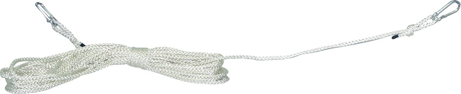 Ein gewickeltes weißes Seil mit Metallhaken an beiden Enden, das zum Befestigen oder Abschleppen bestimmt ist.