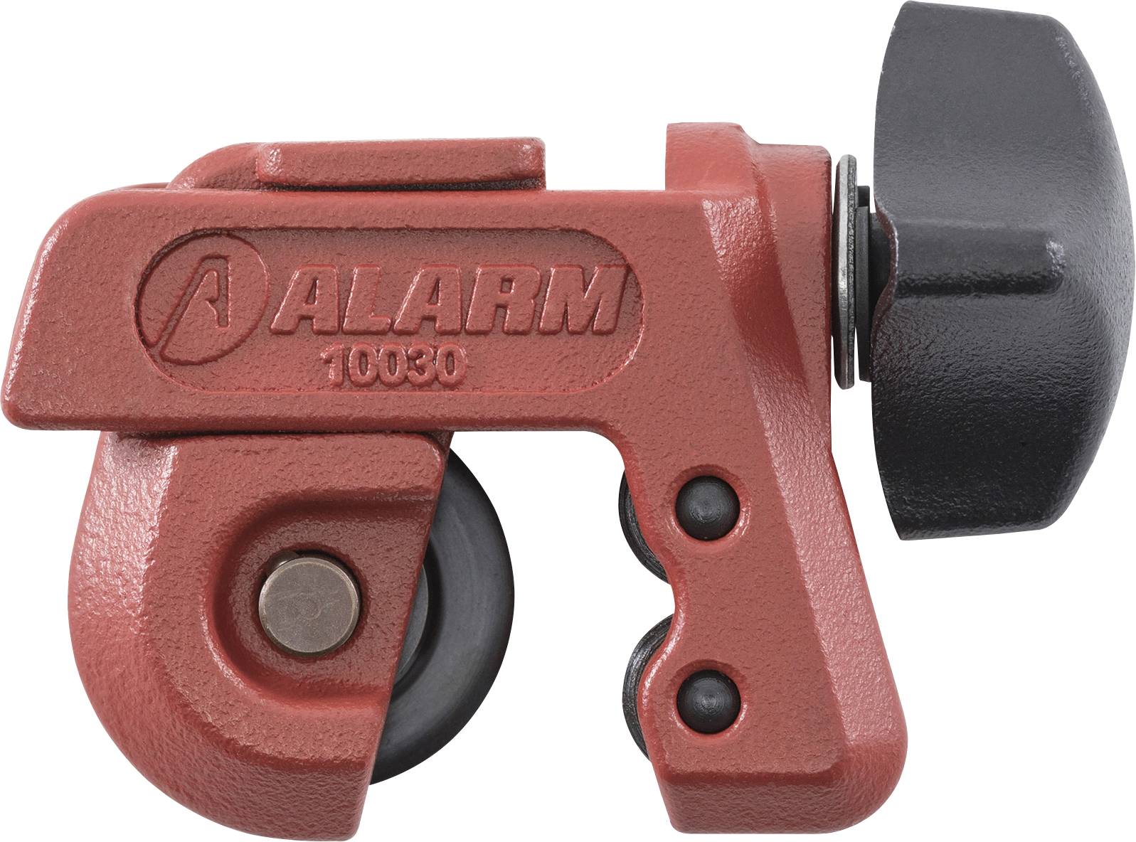Ein roter Rohrabschneider mit der Bezeichnung 'ALARM 10030', ausgestattet mit einem schwarzen Schneidrad und Griff, der zum präzisen Abschneiden von Rohren verwendet wird.
